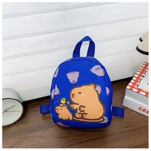 Detail of navy blue kids backpack with cartoon Capybara print and waterproof texture