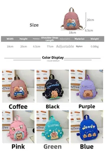 Detailed size chart showing dimensions 18x20x6.5cm for the cute cartoon kids backpack