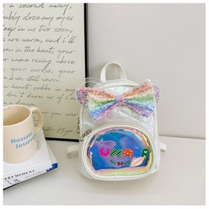 Close-up of quilted white mini backpack featuring iridescent bow and glitter ears