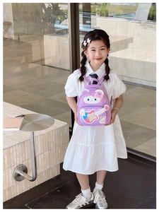 Detail of purple sequin guitar backpack for girls with cartoon cat design and shiny finish