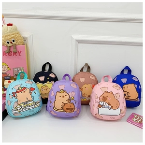 Detailed close-up of colorful Capybara print mini backpacks for toddlers in six shades