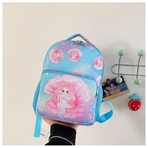 Detail of cute mermaid print and mesh side pocket on the blue gradient children backpack
