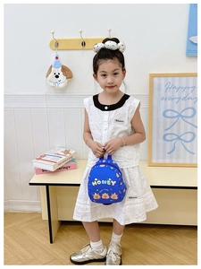 Close-up of blue cartoon backpack featuring Capybara pattern and Honey text for kids