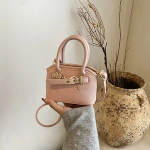 Detailed close-up of a pink mini crossbody shell bag with premium gold metal hardware
