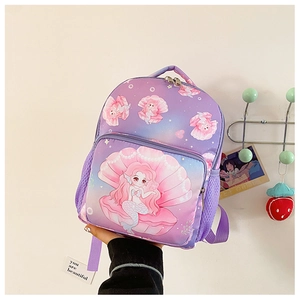 Detail of mermaid and seashell print on the gradient purple children's school bag