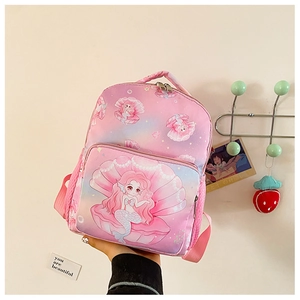 Detail of pink mermaid backpack side mesh pocket and smooth gradient fabric texture