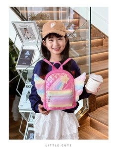 Dettaglio dello zaino rosa trapuntato per bambini con ali arcobaleno e stelle glitter