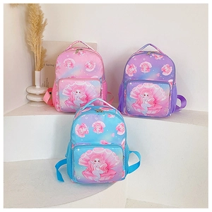 Detailed view of three colorful mermaid backpacks in pink, purple, and blue for kids
