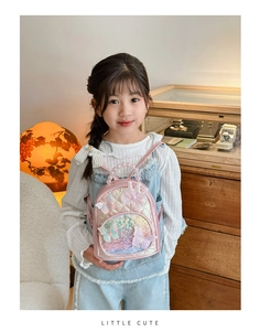 Close-up of pink girls' sequin backpack with 3D mesh butterflies and pearl handle