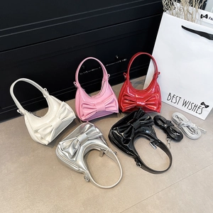 Women Mini Crossbody Handbag Shiny PU Leather Large Bow Decor Top Handle Shoulder Bag Fashion Sweet Elegant