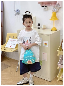 Close-up of cute cartoon capybara backpack in light blue on a child model