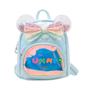 Kids holographic blue backpack with glitter ears and a large sequin bow on white background