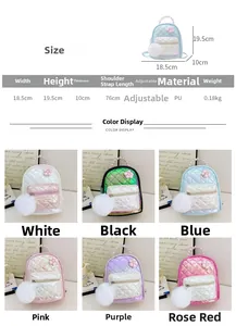 Detailed size chart for the floral quilted backpack with pearls and fur pom-pom ball