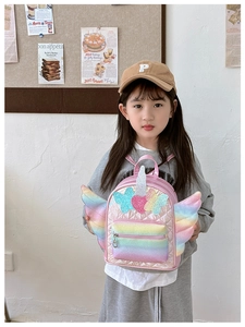 Detail of pink quilted toddler backpack featuring rainbow sequin wings and unicorn horn