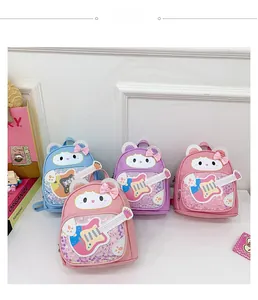 Detail view showing four colors of kids glitter guitar backpacks with sequin cat design