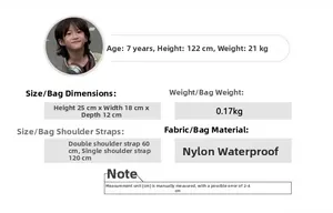 Size chart showing nylon waterproof backpack dimensions and weight for preschool kids