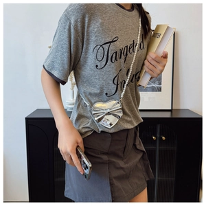Silver laser heart crossbody bag for girls with bow detail and pearl chain link strap