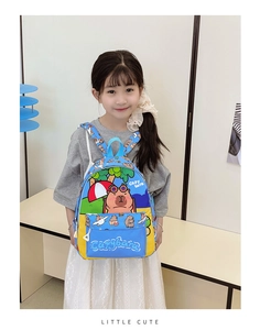 Detail view of cartoon Capybara backpack featuring a bright blue design and durable straps