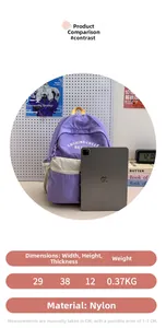 Detailed size chart for kids nylon backpack showing dimensions 29x38x12cm and 0.37kg weight