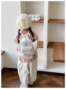 Detail of unicorn backpack for girls with sequins, wings and rainbow color accents