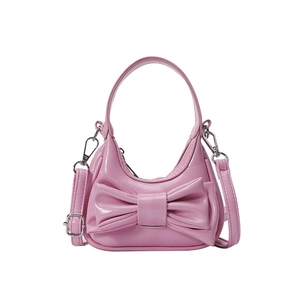 Pink bow-knot faux leather handbag with detachable shoulder strap for daily fashion