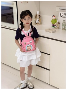 Pink toddler backpack featuring a cute capybara and rabbit cartoon print with straps