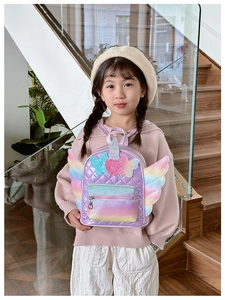 Detail showing unicorn horn and rainbow wings on the shiny sequin children backpack