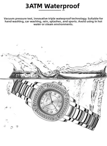 Detail shot of silver square watch with rhinestones showing 3ATM water resistance performance