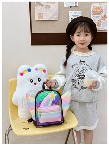 Dettaglio zaino viola per bambini con ali 3D colorate e stelle di paillettes lucide