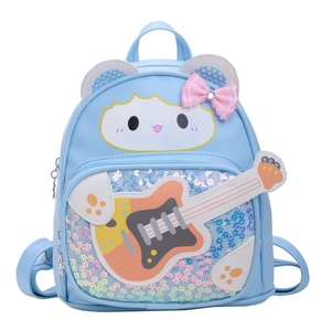 Light blue kids backpack with cute cartoon animal character and colorful floral sequins