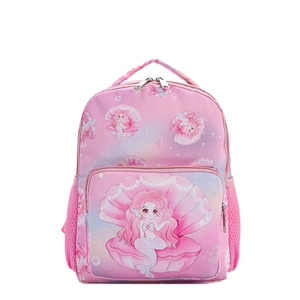 Pink gradient cartoon mermaid school backpack for girls with mesh side pockets and front pouch