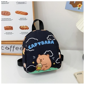 Close-up of black canvas backpack featuring a cute Capybara drinking bubble tea pattern