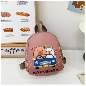 Pink cartoon Kapybara backpack for kids featuring cute car illustration and nylon texture