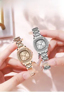 Detailed macro view of GEDI fashion watches with rhinestone bezels and metal straps