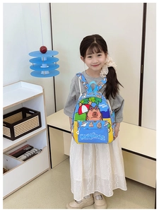 Close-up of cute blue Capybara backpack for kids showing vibrant print and zippers