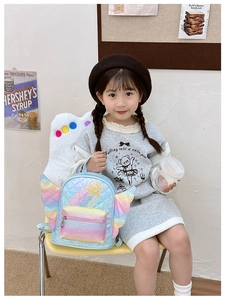 Dettaglio zaino bimbi azzurro trapuntato con ali arcobaleno e decorazione a stella