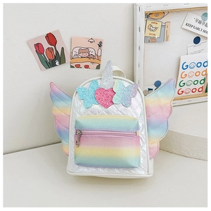 Detail of quilted white unicorn backpack featuring rainbow glitter wings and blue butterfly
