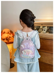 Rear view of a child wearing a purple quilted sequin backpack with a pearl handle