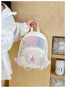 Detail of sequin kids backpack featuring rainbow wings and sparkly heart patterns