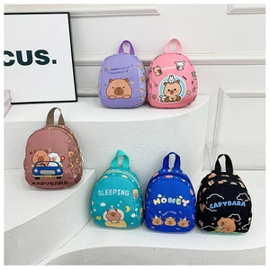 Detailed view of colorful Capybara cartoon backpacks for kids in multiple vibrant shades