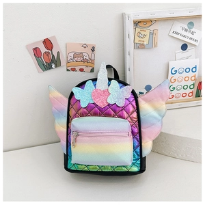Close-up of holographic unicorn backpack with sequins, mesh quilting and rainbow wings