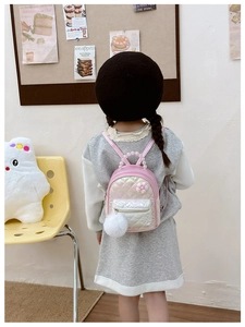 Quilted kids backpack with pink flower details and pearl handle shown on a child