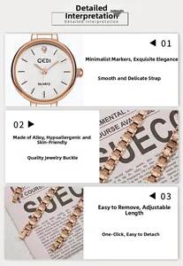 Detail of rose gold alloy watch strap with jewelry clasp on a minimalist quartz watch