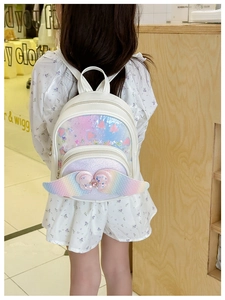 Close-up of children's sequin backpack with 3D rainbow wings and glitter details