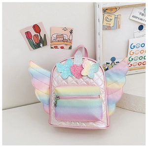 Detail of pink rainbow glitter backpack with sequin butterfly and wings decor