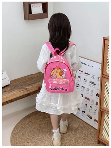 Pink Capybara cartoon backpack for kids featuring adjustable straps and front pocket