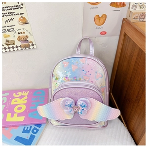 Close-up of sparkling purple kids backpack with sequined wings and heart gemstone