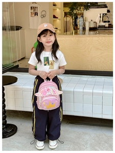 Détail du sac à dos rose pour enfant avec ailes à paillettes irisées et motif couronne