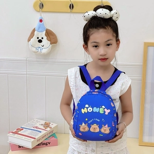 Blue kids backpack with cartoon capybara prints and adjustable fabric straps