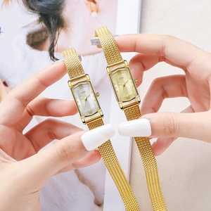 GEDI elegant women's rectangular gold quartz watch with stainless steel mesh strap